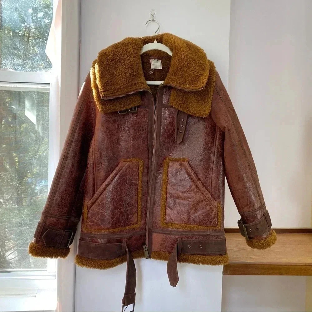 Free People Maverick Shearling Leather Jacket Brown Small